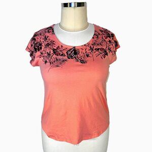 Coral Bay Blouse Womens L Peach Floral Seashell Silver Beaded Neck Short Sleeve